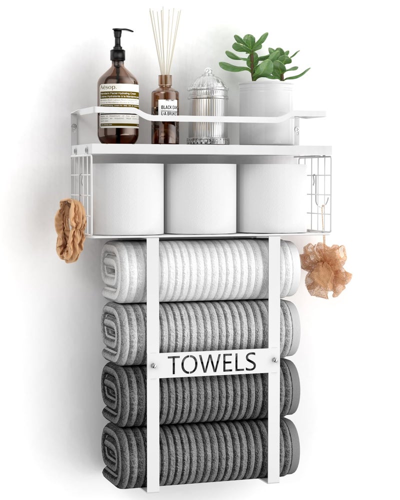 Aetyord Towel Racks for Bathroom Wall Mounted Bath Wall Towel Holder Set Above Toilet Storage Rolled Towel Shelf Organizer for Small Bathroom All White Wood Vertical Towel Rack for Bathroom Wall Decor - Image 2