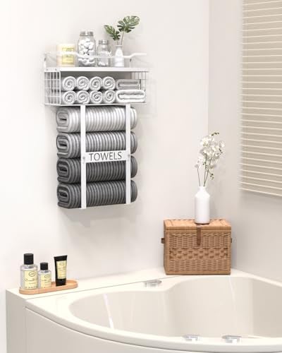 Aetyord Towel Racks for Bathroom Wall Mounted Bath Wall Towel Holder Set Above Toilet Storage Rolled Towel Shelf Organizer for Small Bathroom All White Wood Vertical Towel Rack for Bathroom Wall Decor - Image 3