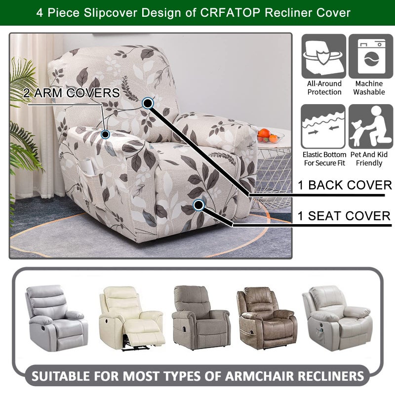 CRFATOP Floral Printed Recliner Cover with Pockets Single Reclining Slipcover 4-Pieces Lazy Boy Recliner Armchair Cover with Elastic Bottom for Recliner Furniture Protector for Kid Pet - Image 5