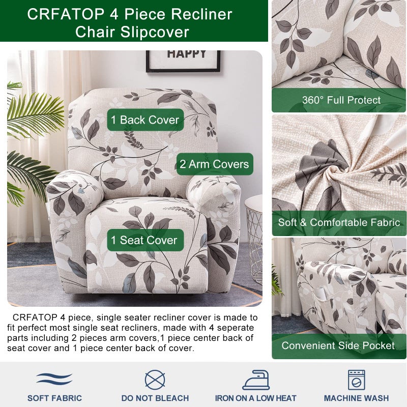 CRFATOP Floral Printed Recliner Cover with Pockets Single Reclining Slipcover 4-Pieces Lazy Boy Recliner Armchair Cover with Elastic Bottom for Recliner Furniture Protector for Kid Pet - Image 4