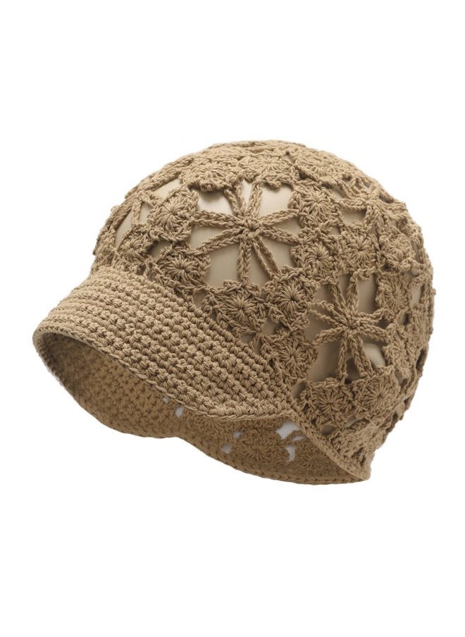 ZLYC Women Summer Slouchy Crochet Hat Handmade Cutout Knit Skull Cap with Visor (Plain Khaki)  - Image 1