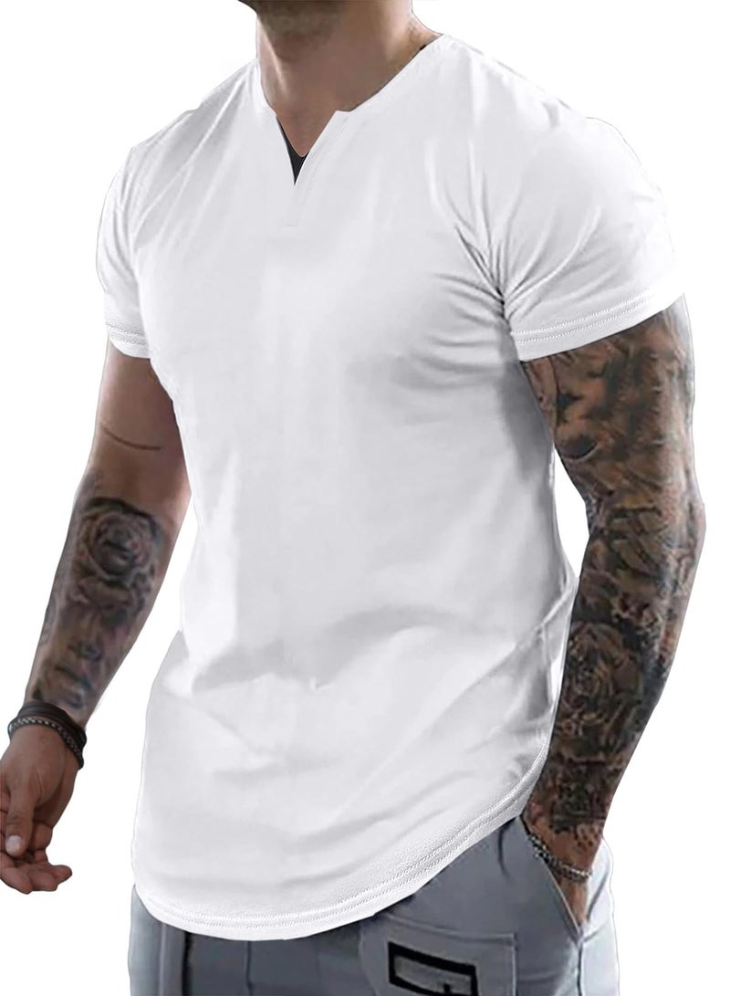 JMIERR Men's Muscle Slim Fit T-Shirt V Neck White Shirt Short Sleeve Gym Workout Athletic Fitted Tees Shirts for Men, US 43(L) - Image 1