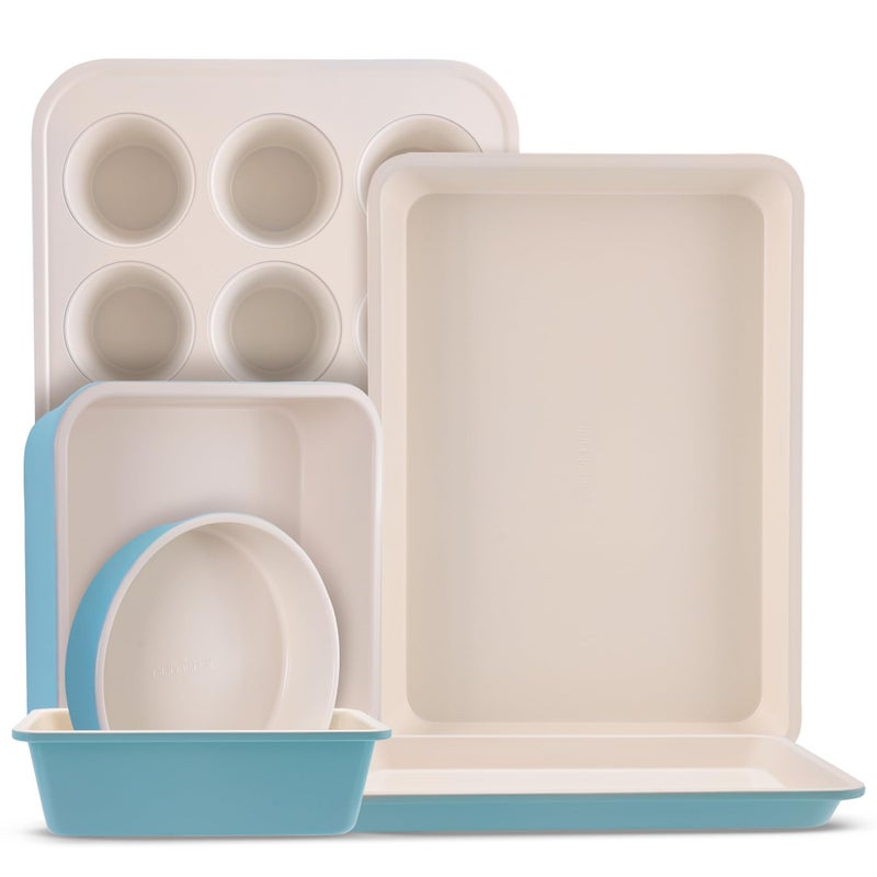 NutriChef 6-Piece Baking Pan Set, Carbon Steel Bakeware with Premium Ceramic Nonstick Coating, Includes 12-Cup Muffin Pan, Cake & Loaf Pan, Wide Bake Pan, & Cookie Sheet - Turquoise - Image 1