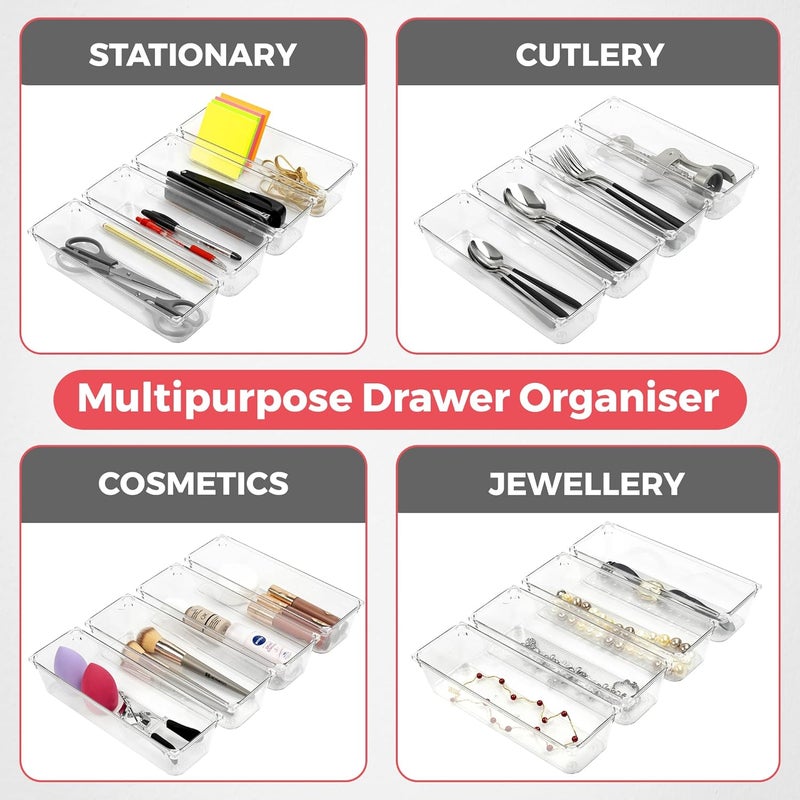 Amtido 4 Pack Drawer Organisers - Sturdy Clear Plastic - Versatile Storage for Kitchen, Bathroom, Utensils, Makeup, Office, and Desk Accessories (7.6cm x 22.9cm x 5.1cm) - Image 3