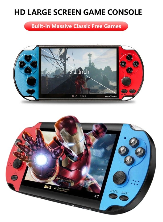 X7 Plus Handheld Game Console , 8GB Memory Preload 10000 Games Portable Video Games Support HDMI Output & Double Player Classic Arcade  Retro Game Player (5.1" Screen Red Blue) - Image 1