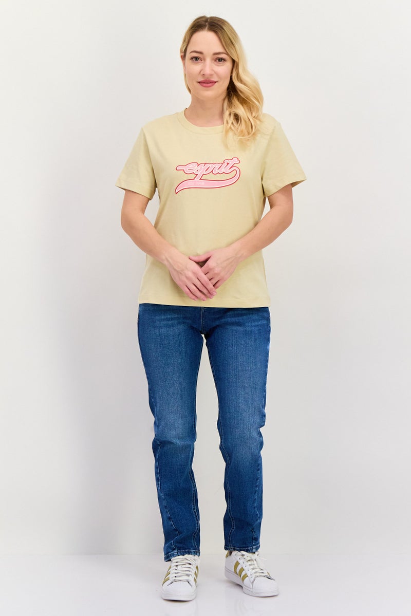 ESPRIT Women Round Neck Short Sleeves Brand Logo T-Shirt,  Cream Combo - Image 3