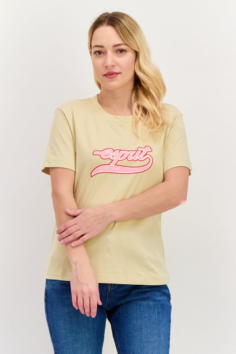 ESPRIT Women Round Neck Short Sleeves Brand Logo T-Shirt,  Cream Combo - Image 1