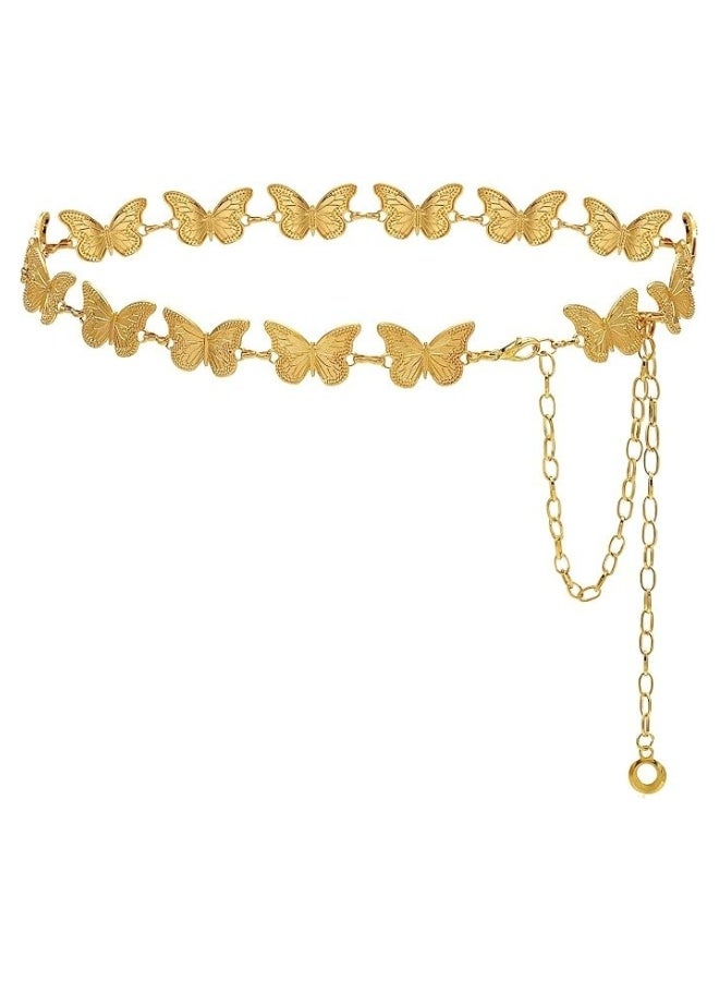 Gold Butterfly Chain Belt for Women, Adjustable One Size Metal Waist Chain with Textured Links, Lobster Clasp and Extender for Dresses, Skirts and Pants, 1 Piece - Image 1