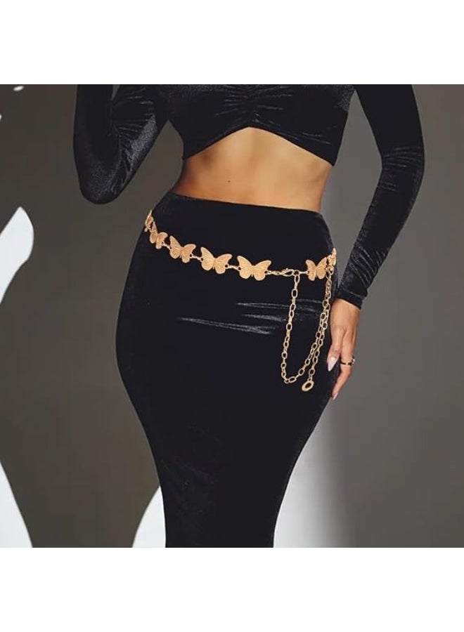 Gold Butterfly Chain Belt for Women, Adjustable One Size Metal Waist Chain with Textured Links, Lobster Clasp and Extender for Dresses, Skirts and Pants, 1 Piece - Image 2