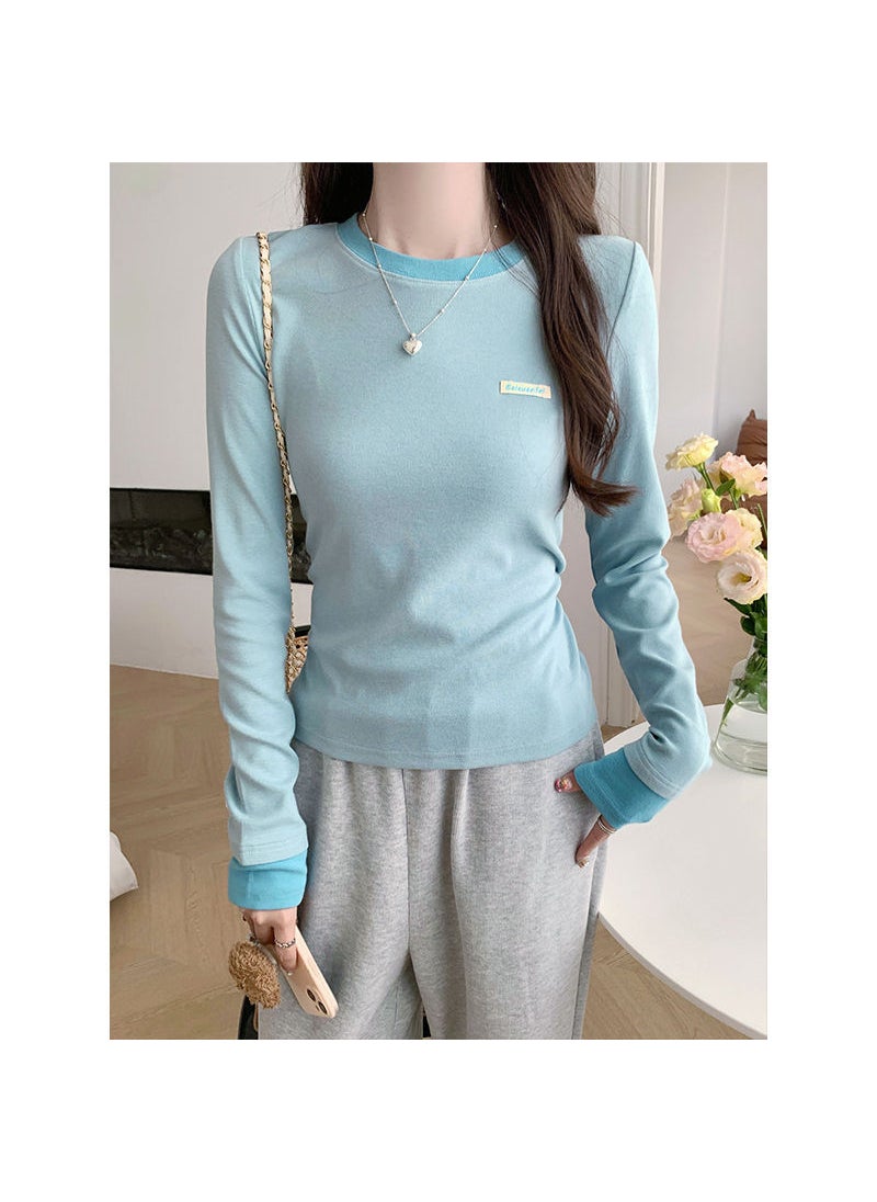 Generic - Early Autumn Womens Slimming Inner Base Layer Top Round Neck Color Blocking Long Sleeve T-Shirt Trendy Two-Piece Illusion Blue - Image 1