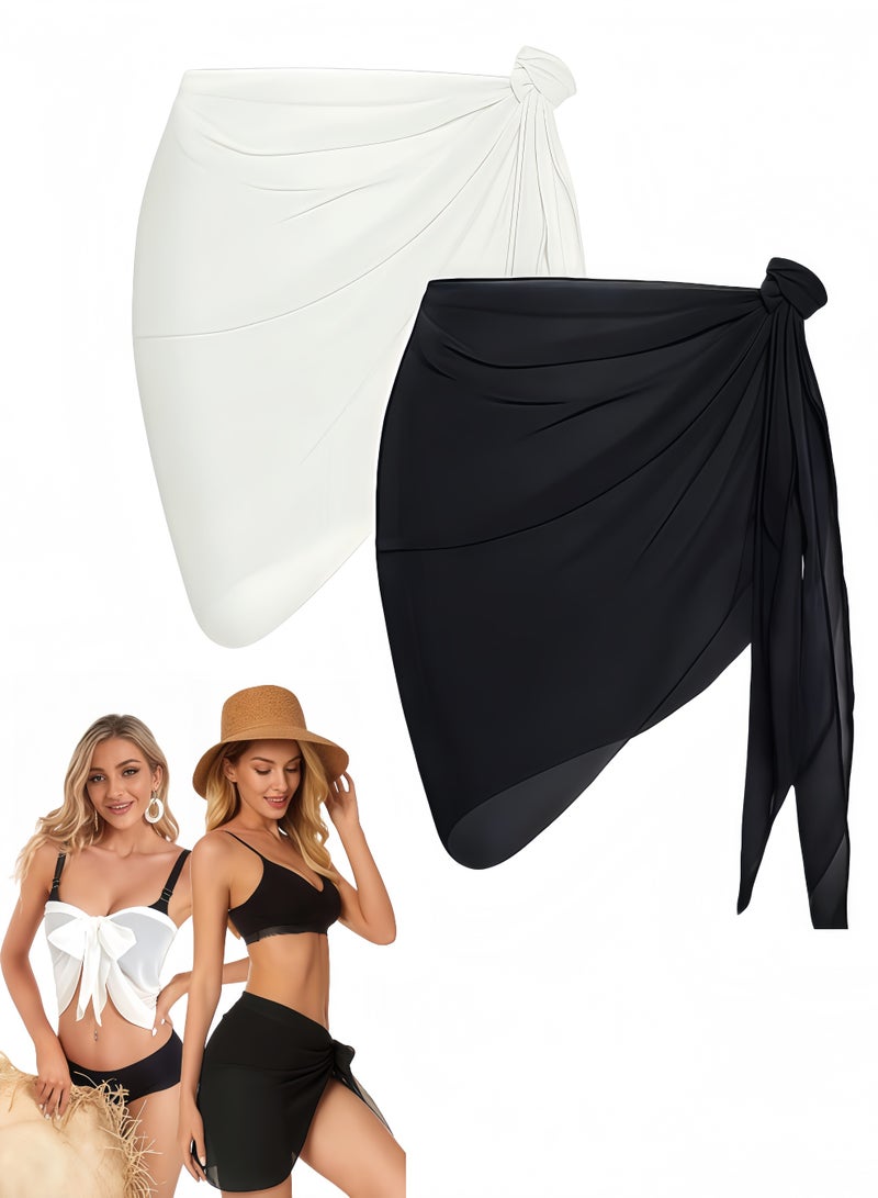 2pcs Women Beach Sarong Bathing Suit Wrap Skirt Sheer Bikini Swimsuit Cover Ups Short Skirt Chiffon Scarf for Swimwear Black White - Image 1