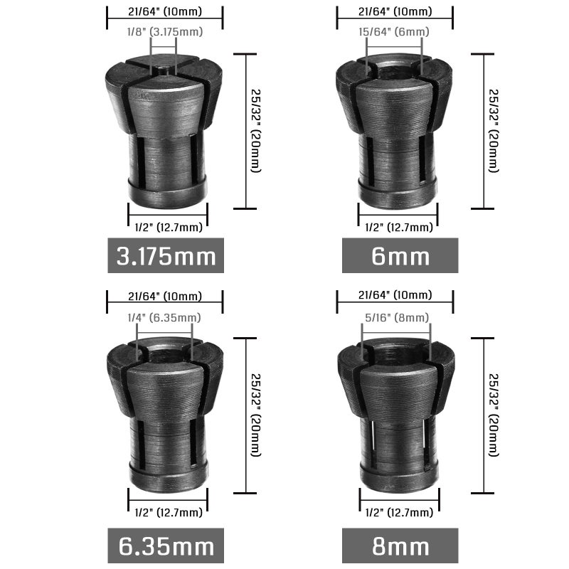 Genmitsu Router Collet Kit - 4pcs Collets, 1/8" to 5/16", For Trim Router, Engraving & CNC Machines - Image 3
