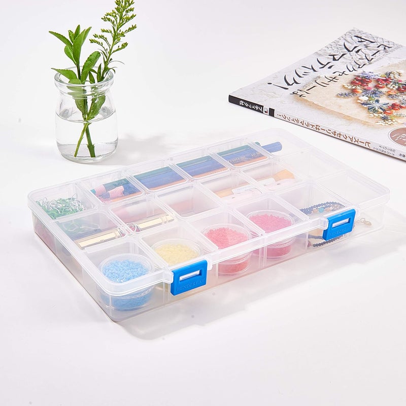 BENECREAT 4 Pack 18 Grids Plastic Storage Box Jewellery Box with Adjustable Dividers Earring Storage Container Transparent Plastic Bead Case (24 x 14.5 x 3 cm, Compartment: 4 x 3.5 x 2.6 cm) - Image 3