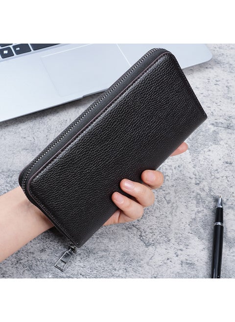 Long Mens Zipper Wallet Large Capacity Leather Clutch Deep Brown