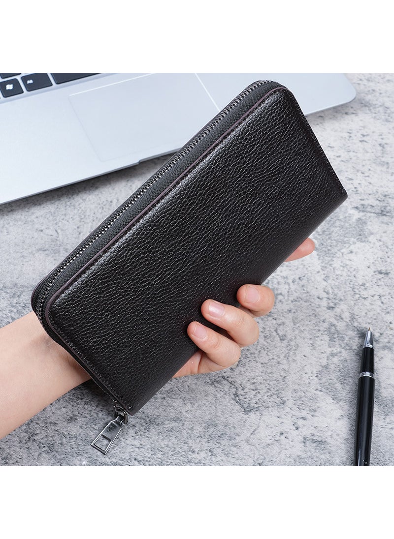 Long Mens Zipper Wallet Large Capacity Leather Clutch Deep Brown