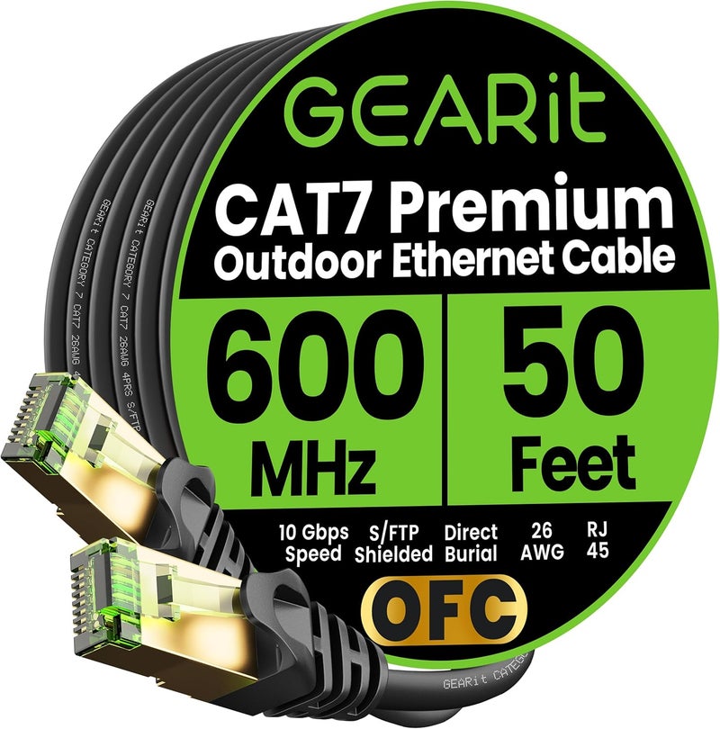 GearIT Cat7 Outdoor Ethernet Cable (50ft) SFTP Shielded Foil Twisted Pair, Pure Copper, LLDPE, Waterproof, Direct Burial, In-Ground, UV Resistant, POE, Network, LAN, Internet, Cat 7-50 Feet - Image 1