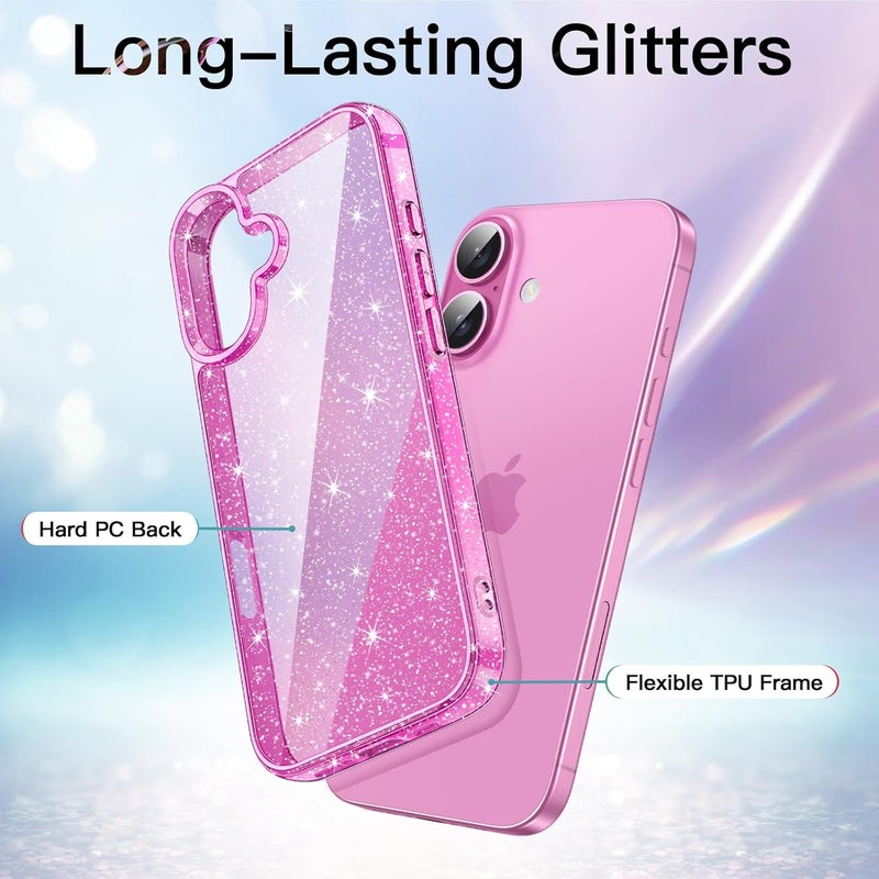 for iPhone 16, Bling Sparkle Shockproof Bumper Cover in Pink - Image 3