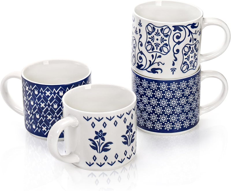 Eorbow 4 Pack Ceramic Coffee Mug Set with Rack 16 OZ Stackable Cappuccino Cups with Metal Stand Blue and White Porcelain Tea Mugs for Latte Americano Milk Hot Cocoa Beverages Microwave Safe - Image 3