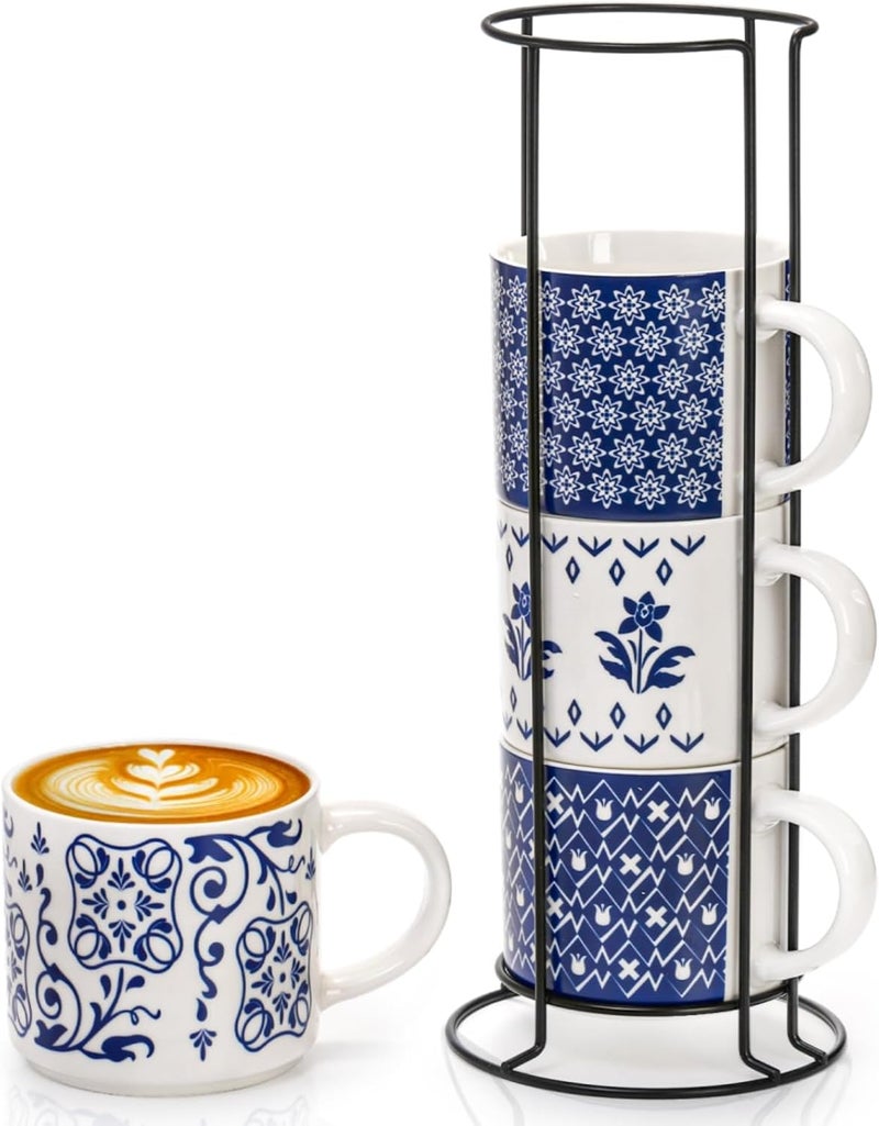 Eorbow 4 Pack Ceramic Coffee Mug Set with Rack 16 OZ Stackable Cappuccino Cups with Metal Stand Blue and White Porcelain Tea Mugs for Latte Americano Milk Hot Cocoa Beverages Microwave Safe - Image 1