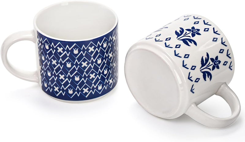 Eorbow 4 Pack Ceramic Coffee Mug Set with Rack 16 OZ Stackable Cappuccino Cups with Metal Stand Blue and White Porcelain Tea Mugs for Latte Americano Milk Hot Cocoa Beverages Microwave Safe - Image 4