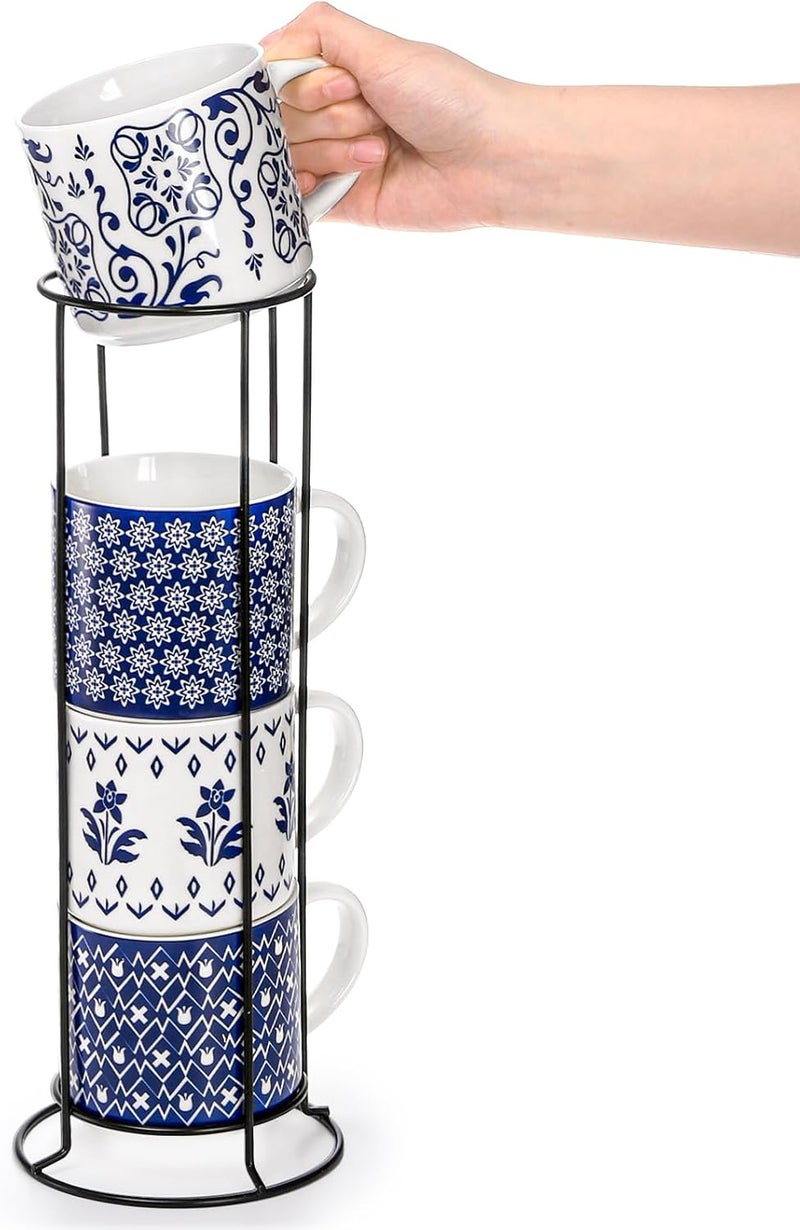 Eorbow 4 Pack Ceramic Coffee Mug Set with Rack 16 OZ Stackable Cappuccino Cups with Metal Stand Blue and White Porcelain Tea Mugs for Latte Americano Milk Hot Cocoa Beverages Microwave Safe - Image 5