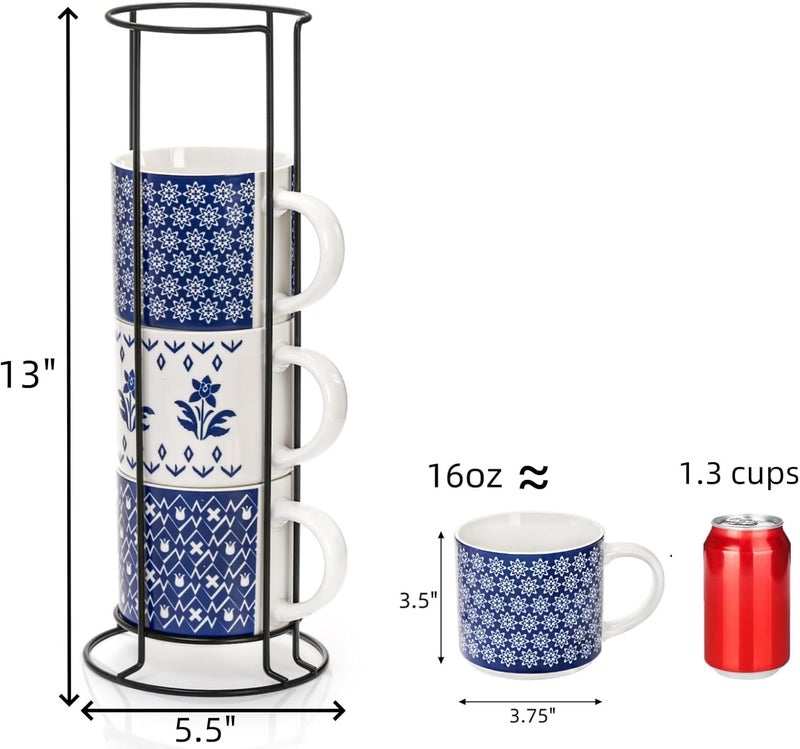 Eorbow 4 Pack Ceramic Coffee Mug Set with Rack 16 OZ Stackable Cappuccino Cups with Metal Stand Blue and White Porcelain Tea Mugs for Latte Americano Milk Hot Cocoa Beverages Microwave Safe - Image 2