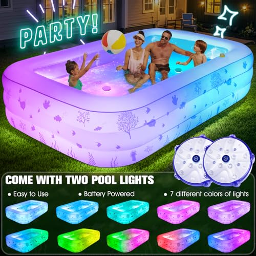 FizZeal Inflatable Pool with Seat and Pool Lights, Durable Thickened Large Size Family Inflatable Pools for Adults Blow Up Pools,100" x 63" x 22"Swimming Inflatable Kids PooI for Backyard,Outdoor (White) - Image 2