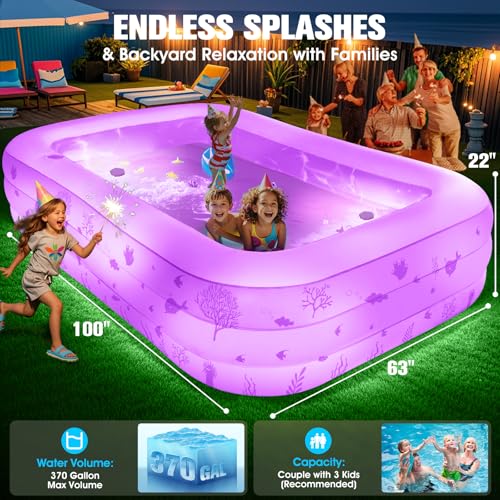 FizZeal Inflatable Pool with Seat and Pool Lights, Durable Thickened Large Size Family Inflatable Pools for Adults Blow Up Pools,100" x 63" x 22"Swimming Inflatable Kids PooI for Backyard,Outdoor (White) - Image 3