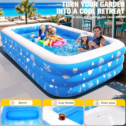 FizZeal Inflatable Pool with Seat and Pool Lights, Durable Thickened Large Size Family Inflatable Pools for Adults Blow Up Pools,100" x 63" x 22"Swimming Inflatable Kids PooI for Backyard,Outdoor (White) - Image 5