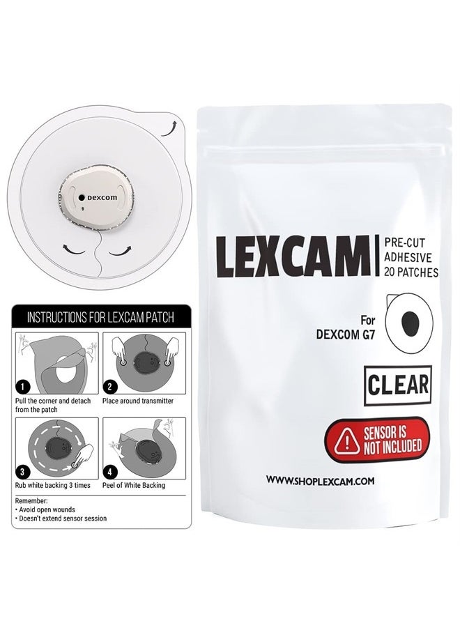 LEXCAM - لاصقات لاصقة مقطوعة مسبقًا لجهاز Dexcom G7 – عبوة من 20 لاصقة شفافة مقاومة للماء لمراقبة الجلوكوز بشكل مستمر، لا يتضمن المستشعر - Image 1