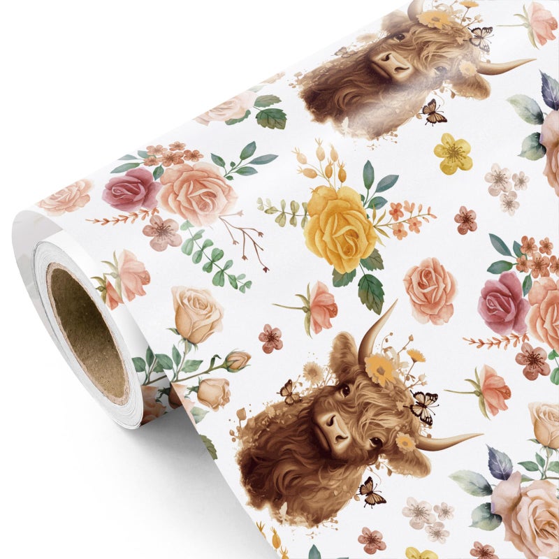 WRAPAHOLIC Highland Cow Wrapping Paper Roll Mini Roll 17 Inch x 165 Feet Highland Cow and Floral Wrapping Paper for Birthday Baby Shower Wedding - Image 2