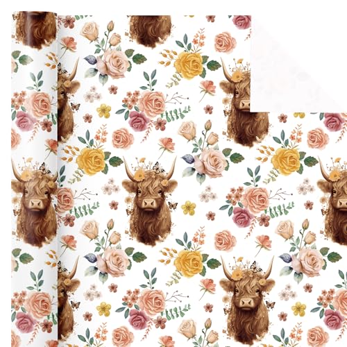 WRAPAHOLIC Highland Cow Wrapping Paper Roll Mini Roll 17 Inch x 165 Feet Highland Cow and Floral Wrapping Paper for Birthday Baby Shower Wedding - Image 3