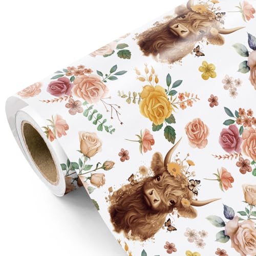 WRAPAHOLIC Highland Cow Wrapping Paper Roll Mini Roll 17 Inch x 165 Feet Highland Cow and Floral Wrapping Paper for Birthday Baby Shower Wedding - Image 1