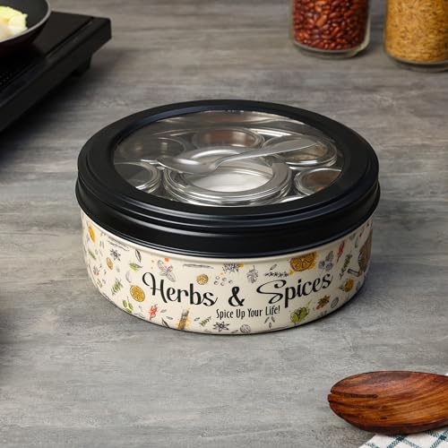 dudki 9 in 1 Herbs & Spice | Stainless Steel Handcrafted Spice Box | Masala Box for Kitchen Steel | See through lid 9 containers and Spoons | Spice Box | Ultra Beige (2.5 Ltr | X-Large | 22.5cm) - Image 1
