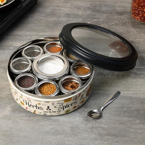 dudki 9 in 1 Herbs & Spice | Stainless Steel Handcrafted Spice Box | Masala Box for Kitchen Steel | See through lid 9 containers and Spoons | Spice Box | Ultra Beige (2.5 Ltr | X-Large | 22.5cm) - Image 5
