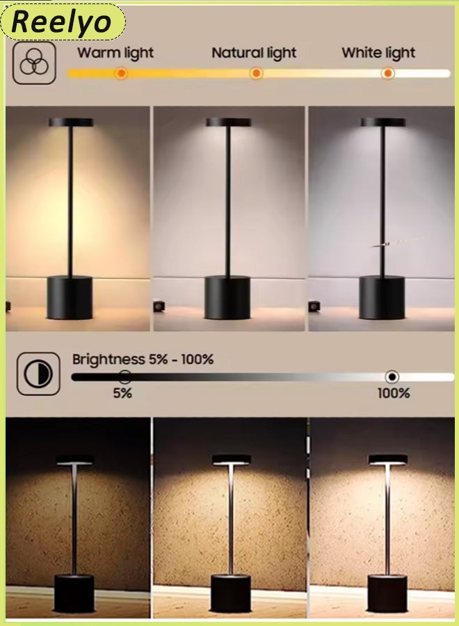 ريليو مصباح طاولة LED مصباح مكتب لاسلكي قابل لإعادة الشحن ببطارية USB مصمم للتحكم باللمس ضوء غرفة النوم 3 ألوان إضاءة بدون خطوات سوداء جو راقي للمنزل والمكتب حماية العين مصباح مكتب بار مكان أنيق ديكور فندقي على الطراز الشمالي والحديث - Image 3