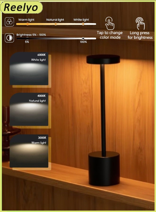 ريليو مصباح طاولة LED مصباح مكتب لاسلكي قابل لإعادة الشحن ببطارية USB مصمم للتحكم باللمس ضوء غرفة النوم 3 ألوان إضاءة بدون خطوات سوداء جو راقي للمنزل والمكتب حماية العين مصباح مكتب بار مكان أنيق ديكور فندقي على الطراز الشمالي والحديث - Image 1
