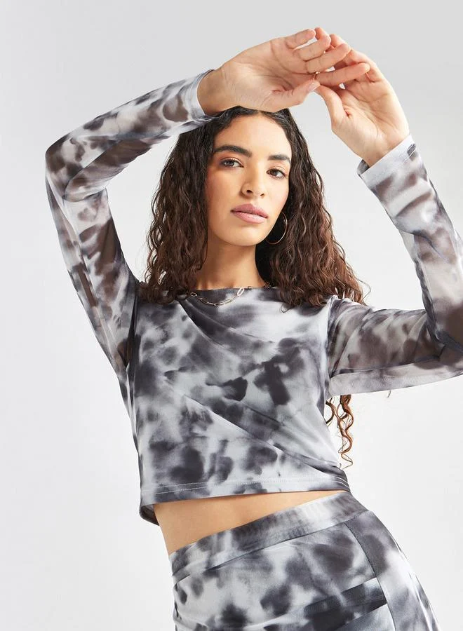 Splash FAV Tie Dye Print Mesh Crop Top with Round Neck and Long Sleeves