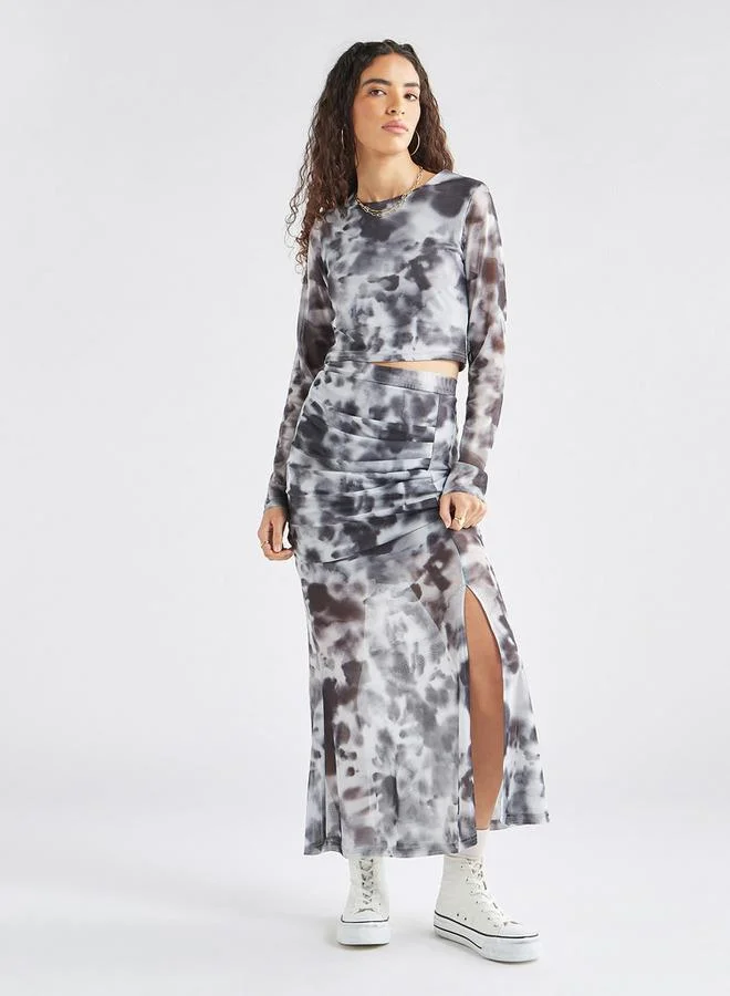 Splash FAV Tie Dye Print Mesh Crop Top with Round Neck and Long Sleeves