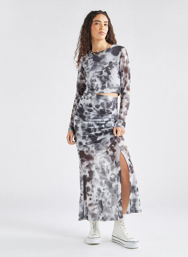 Splash FAV Tie Dye Print Mesh Crop Top with Round Neck and Long Sleeves - Image 2