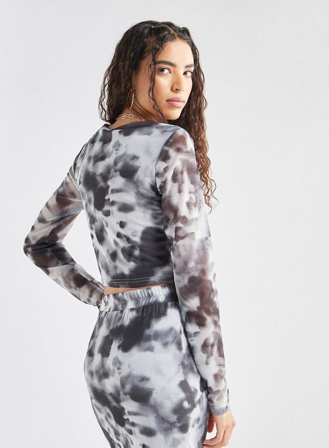 Splash FAV Tie Dye Print Mesh Crop Top with Round Neck and Long Sleeves - Image 3