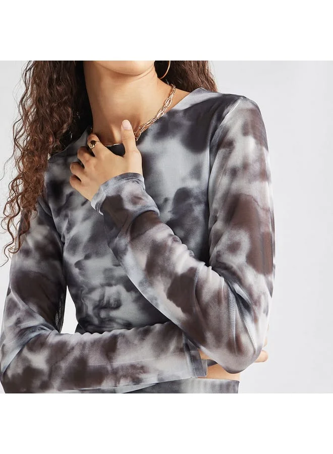 Splash FAV Tie Dye Print Mesh Crop Top with Round Neck and Long Sleeves