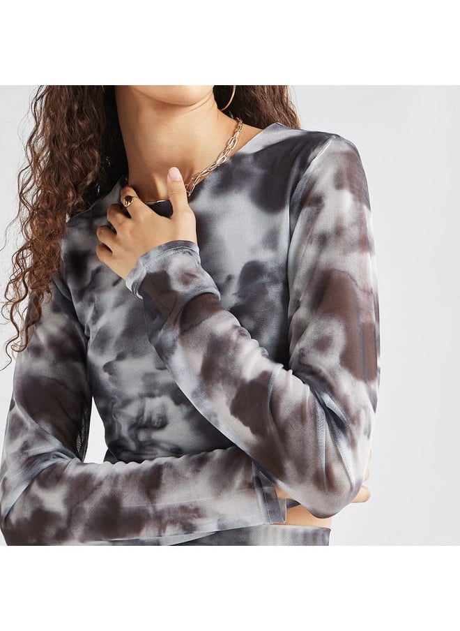 FAV - Tie Dye Print Mesh Crop Top with Round Neck and Long Sleeves - Image 1