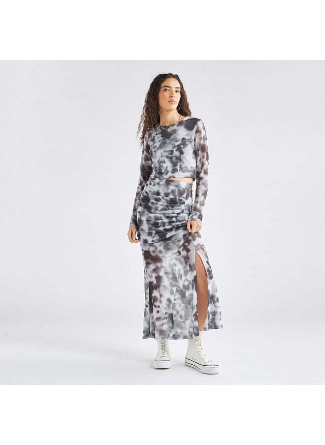 FAV - Tie Dye Print Mesh Crop Top with Round Neck and Long Sleeves - Image 1