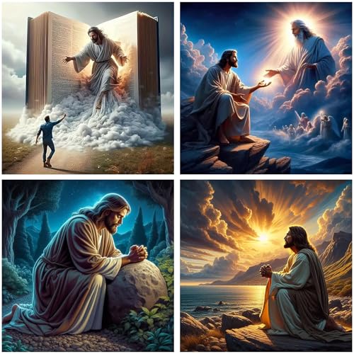 mrpwnle 4 Pack Diamond Art Kits for Adults DIY Jesus Diamond Painting Kits for Beginner Simple 5D Full Drill Diamond Art Dots Gem Kit for Home Wall Decor 12x12inch - Image 1