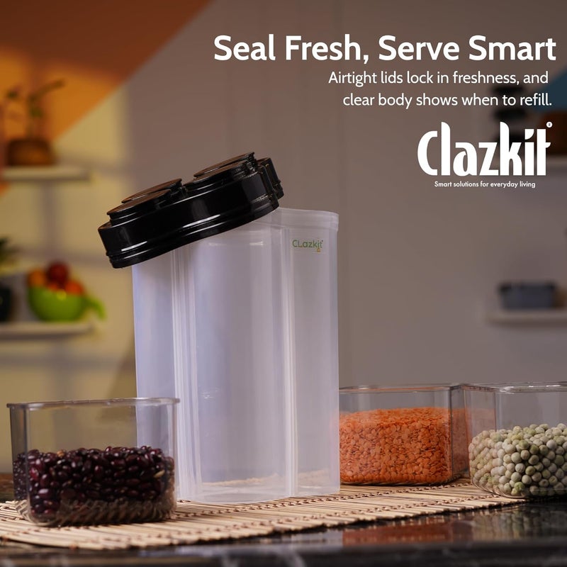 Clazkit كلازكيت حاوية تخزين طعام بلاستيكية شفافة محكمة الإغلاق بأربعة أقسام، برطمان لحفظ البقالة وحاويات الثلاجة، عبوة من 1، 2500 مل - أسود - Image 2