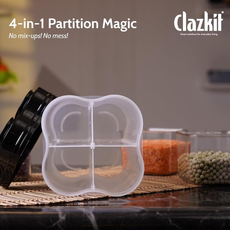 Clazkit كلازكيت حاوية تخزين طعام بلاستيكية شفافة محكمة الإغلاق بأربعة أقسام، برطمان لحفظ البقالة وحاويات الثلاجة، عبوة من 1، 2500 مل - أسود - Image 5