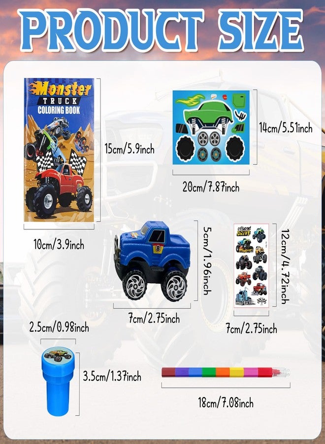 Cinrobiye 72 Pcs Monster Truck Party Favors Bulk, Truck Car Coloring Books with Crayons Stickers Stampers Goodie Bag Fillers, Race Car Birthday Supplies, Wheels Party Pinata Gifts - Image 3