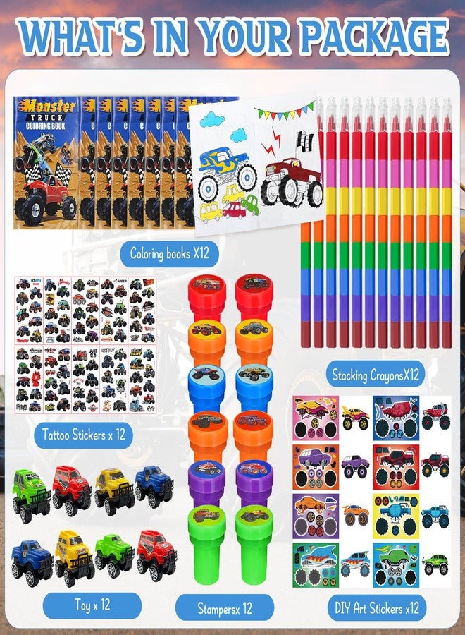 Cinrobiye 72 Pcs Monster Truck Party Favors Bulk, Truck Car Coloring Books with Crayons Stickers Stampers Goodie Bag Fillers, Race Car Birthday Supplies, Wheels Party Pinata Gifts - Image 2
