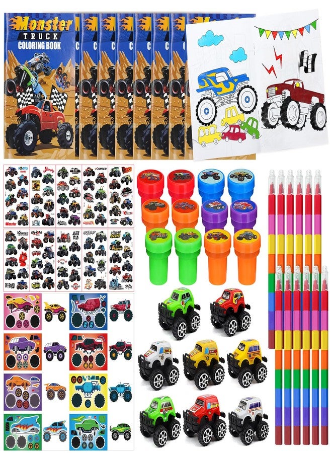 Cinrobiye 72 Pcs Monster Truck Party Favors Bulk, Truck Car Coloring Books with Crayons Stickers Stampers Goodie Bag Fillers, Race Car Birthday Supplies, Wheels Party Pinata Gifts - Image 1